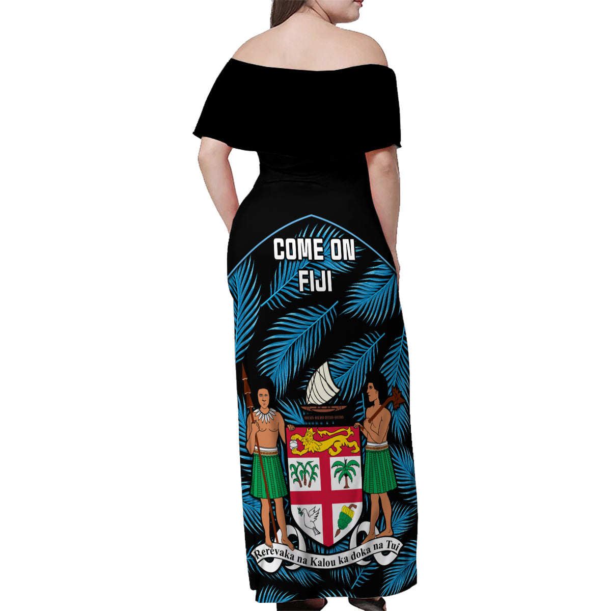 Fiji Rugby Family Matching Off Shoulder Maxi Dress and Hawaiian Shirt Flying Fijians Blue Palm Tree Version LT01 - Polynesian Pride