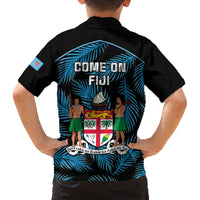 Fiji Rugby Family Matching Off Shoulder Short Dress and Hawaiian Shirt Flying Fijians Blue Palm Tree Version LT01 - Polynesian Pride