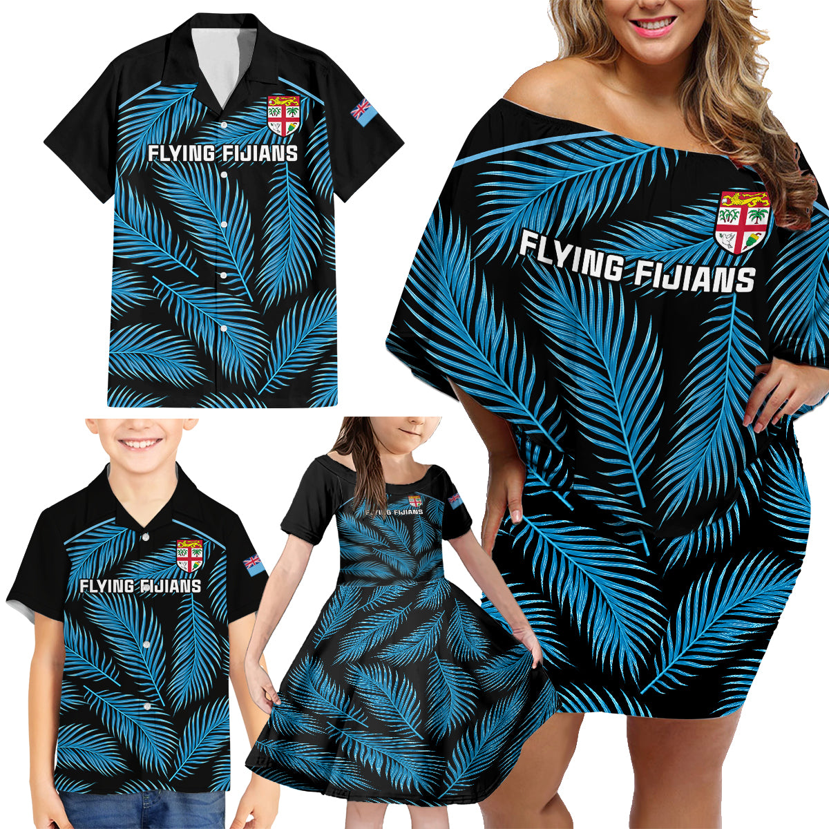 Fiji Rugby Family Matching Off Shoulder Short Dress and Hawaiian Shirt Flying Fijians Blue Palm Tree Version LT01 - Polynesian Pride