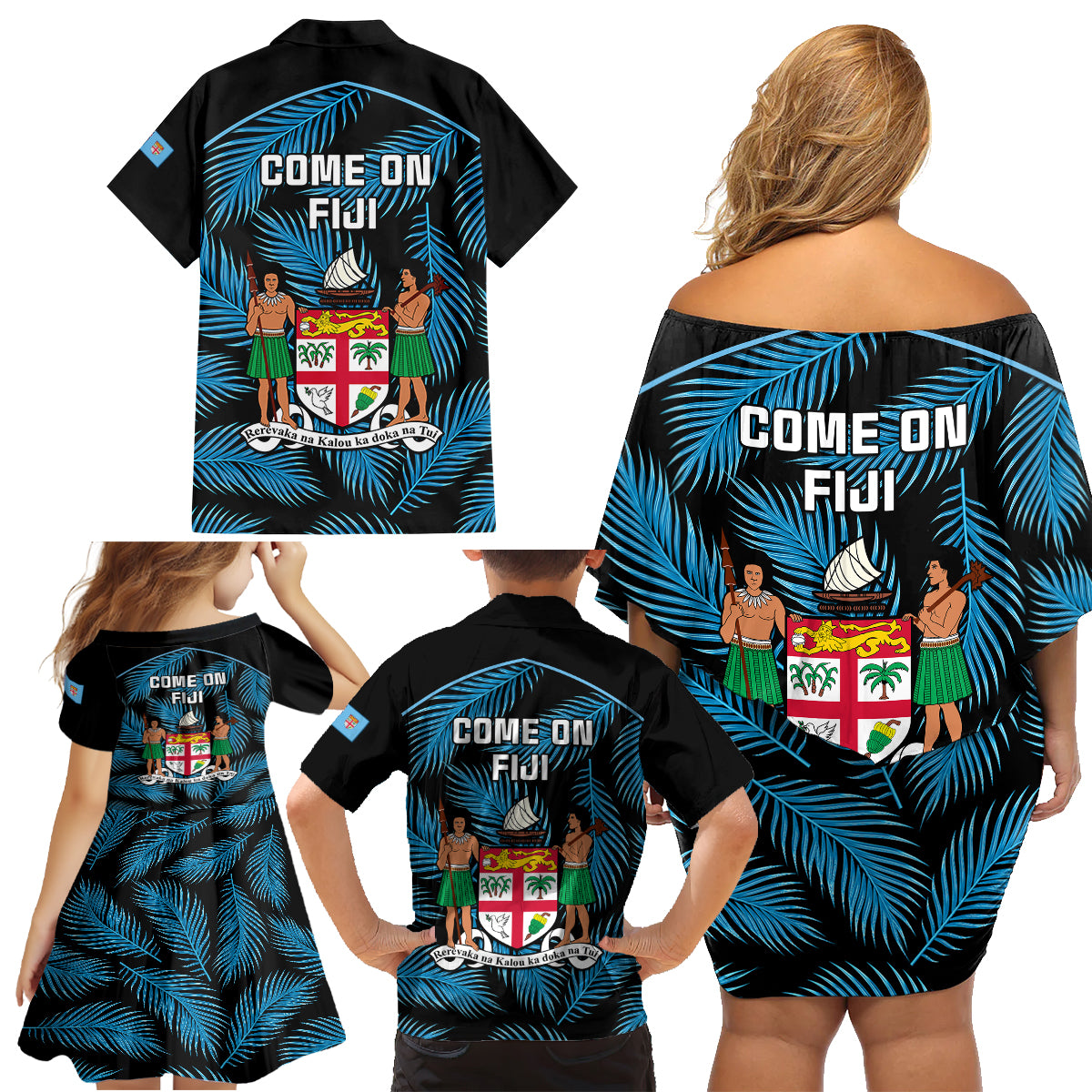 Fiji Rugby Family Matching Off Shoulder Short Dress and Hawaiian Shirt Flying Fijians Blue Palm Tree Version LT01 - Polynesian Pride