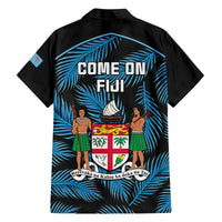 Fiji Rugby Family Matching Off Shoulder Short Dress and Hawaiian Shirt Flying Fijians Blue Palm Tree Version LT01 - Polynesian Pride