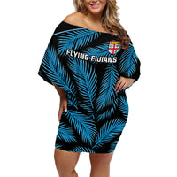 Fiji Rugby Family Matching Off Shoulder Short Dress and Hawaiian Shirt Flying Fijians Blue Palm Tree Version LT01 Mom's Dress Black - Polynesian Pride