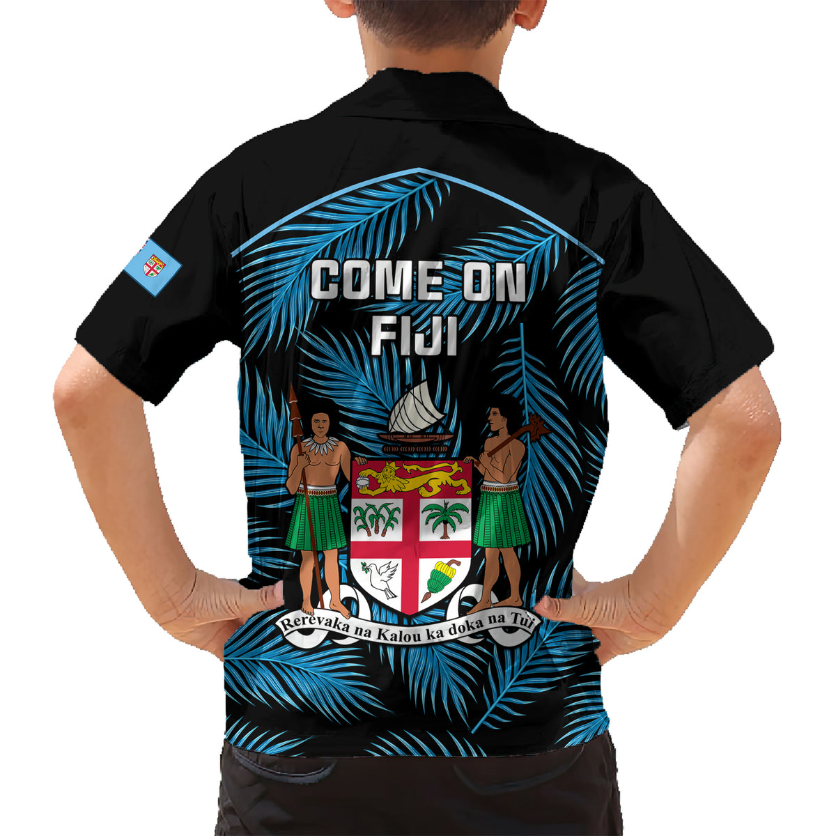 Fiji Rugby Family Matching Short Sleeve Bodycon Dress and Hawaiian Shirt Flying Fijians Blue Palm Tree Version LT01 - Polynesian Pride