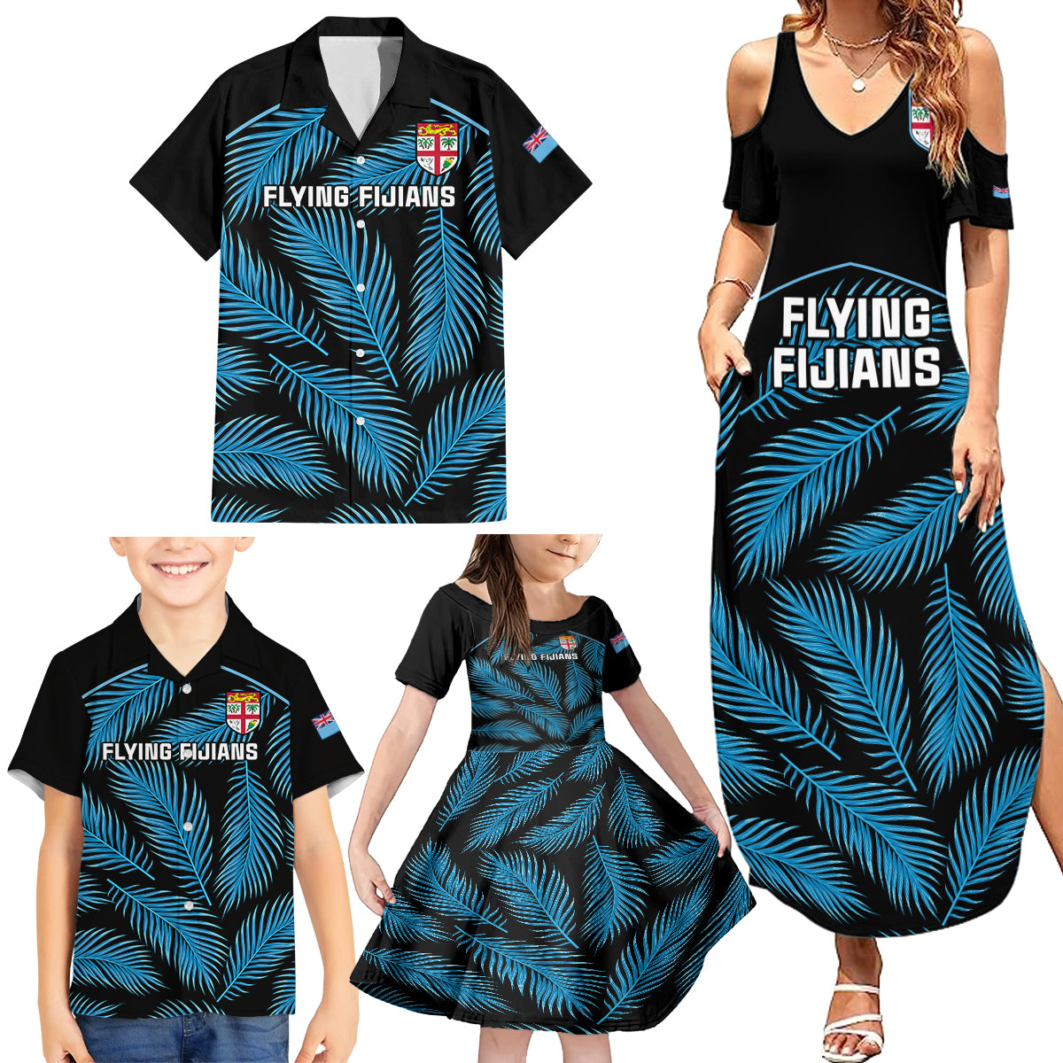 Fiji Rugby Family Matching Summer Maxi Dress and Hawaiian Shirt Flying Fijians Blue Palm Tree Version LT01 - Polynesian Pride