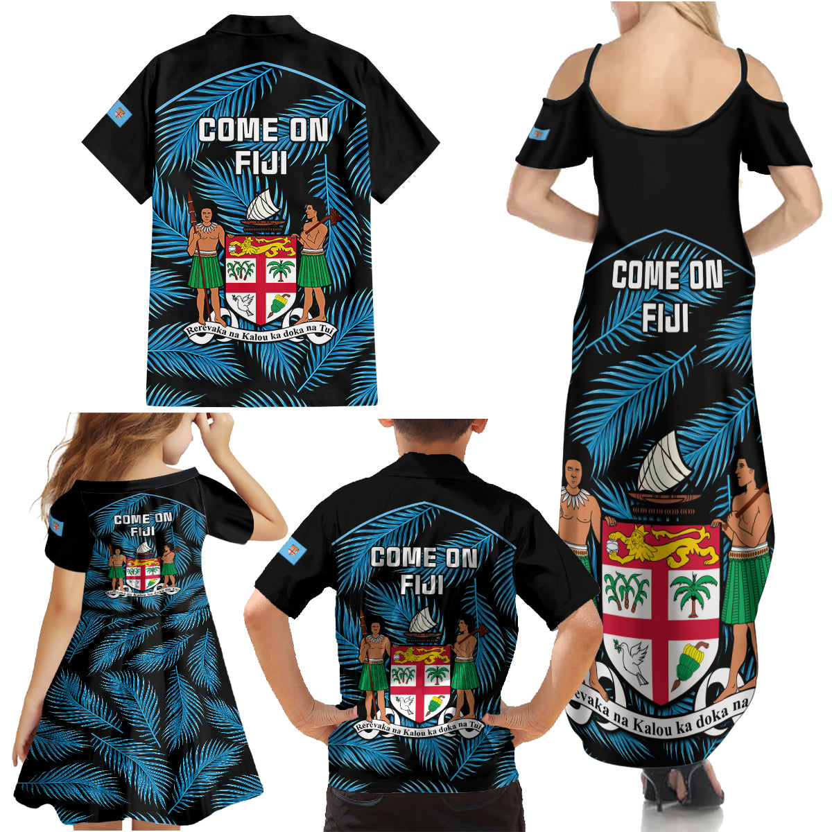 Fiji Rugby Family Matching Summer Maxi Dress and Hawaiian Shirt Flying Fijians Blue Palm Tree Version LT01 - Polynesian Pride