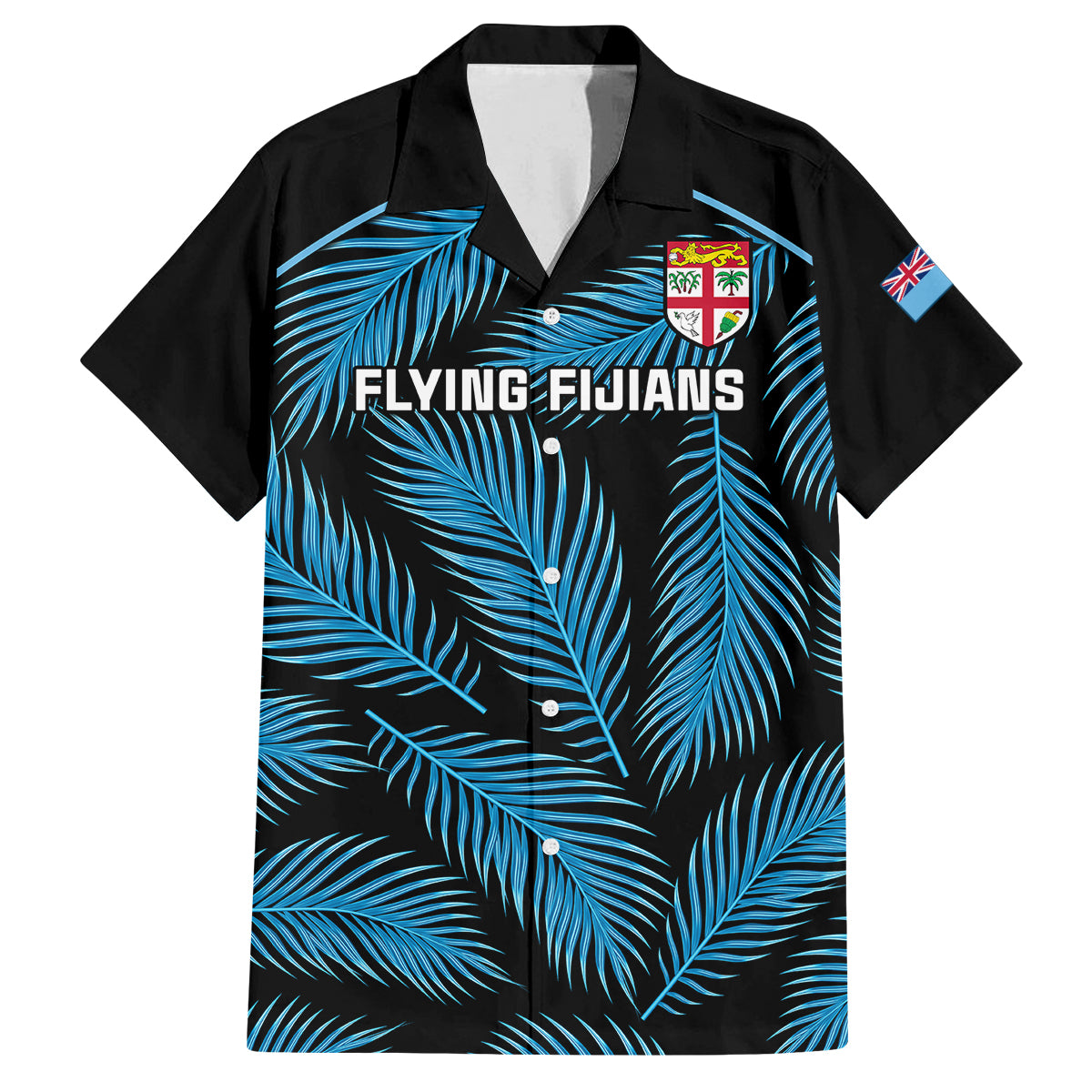 Fiji Rugby Family Matching Summer Maxi Dress and Hawaiian Shirt Flying Fijians Blue Palm Tree Version LT01 Dad's Shirt - Short Sleeve Black - Polynesian Pride