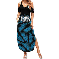 Fiji Rugby Family Matching Summer Maxi Dress and Hawaiian Shirt Flying Fijians Blue Palm Tree Version LT01 Mom's Dress Black - Polynesian Pride