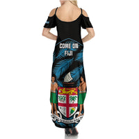 Fiji Rugby Family Matching Summer Maxi Dress and Hawaiian Shirt Flying Fijians Blue Palm Tree Version LT01 - Polynesian Pride