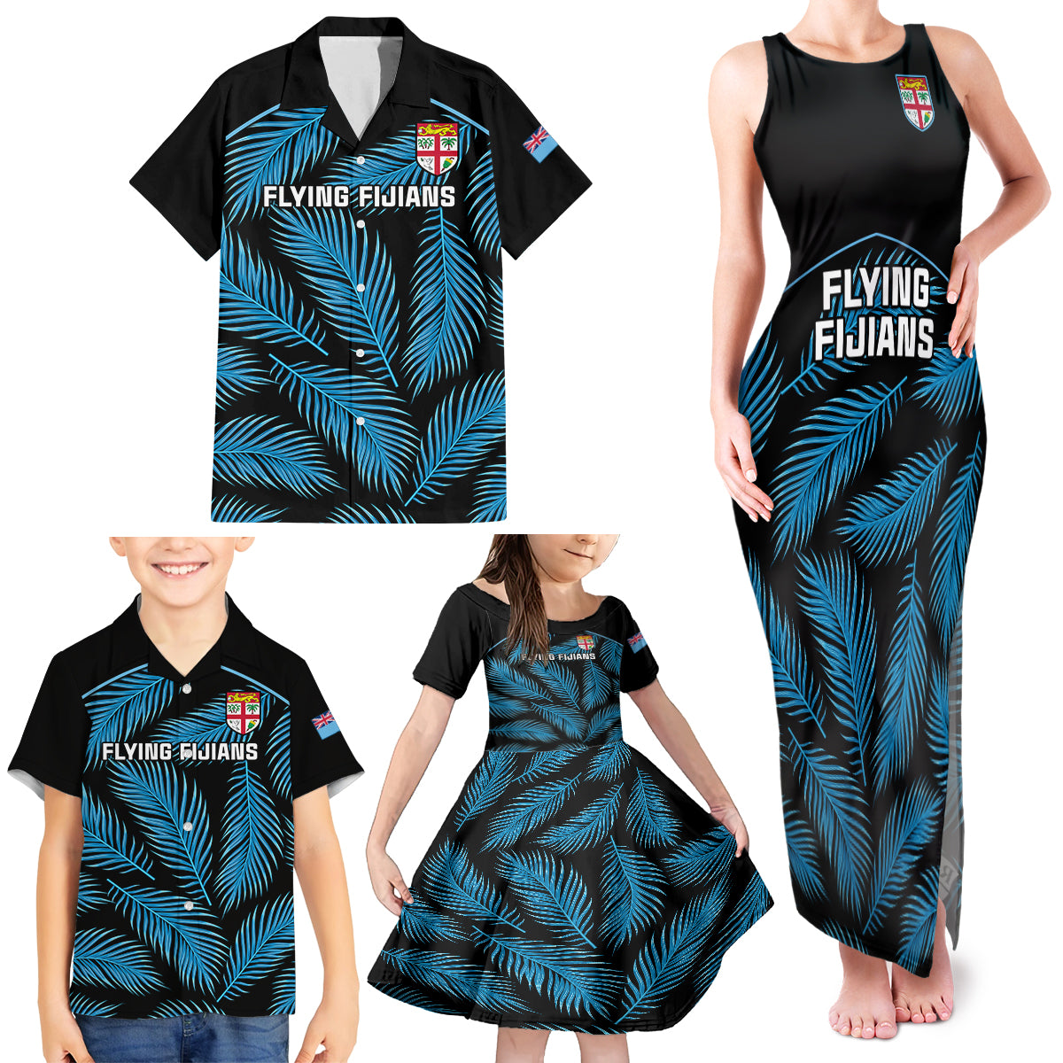 Fiji Rugby Family Matching Tank Maxi Dress and Hawaiian Shirt Flying Fijians Blue Palm Tree Version LT01 - Polynesian Pride