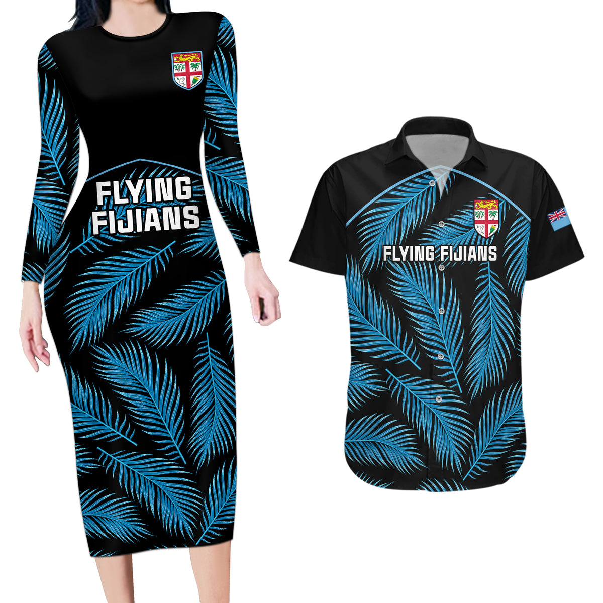 Custom Fiji Rugby Couples Matching Long Sleeve Bodycon Dress and Hawaiian Shirt Flying Fijians Blue Palm Tree Version LT01 Black - Polynesian Pride