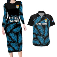 Custom Fiji Rugby Couples Matching Long Sleeve Bodycon Dress and Hawaiian Shirt Flying Fijians Blue Palm Tree Version LT01 Black - Polynesian Pride