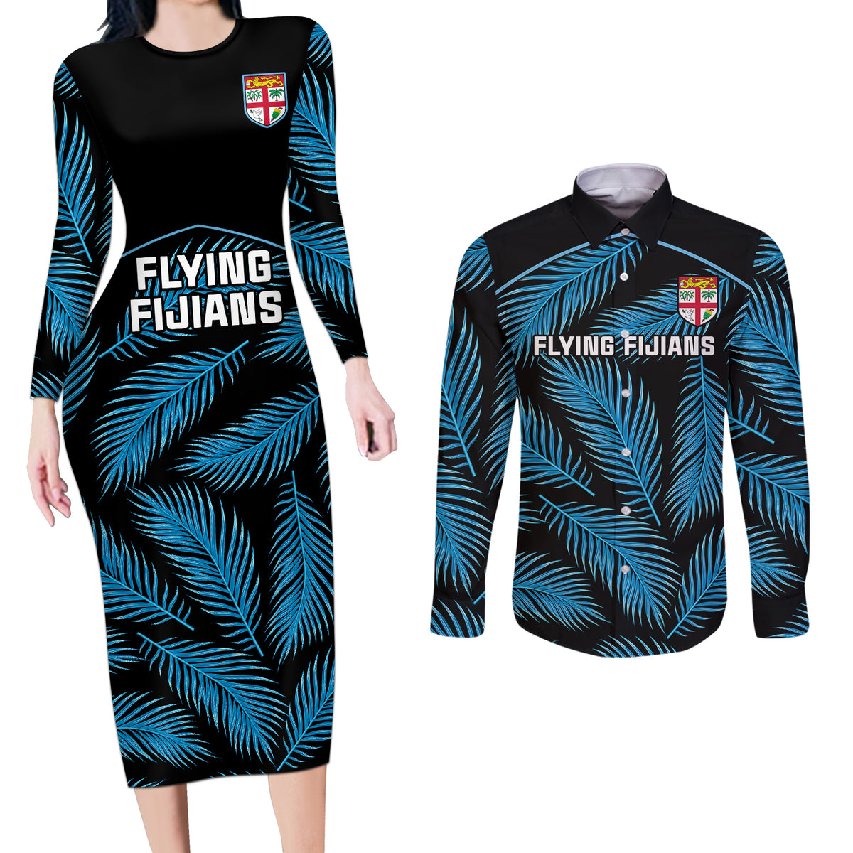 Custom Fiji Rugby Couples Matching Long Sleeve Bodycon Dress and Long Sleeve Button Shirts Flying Fijians Blue Palm Tree Version LT01 Black - Polynesian Pride