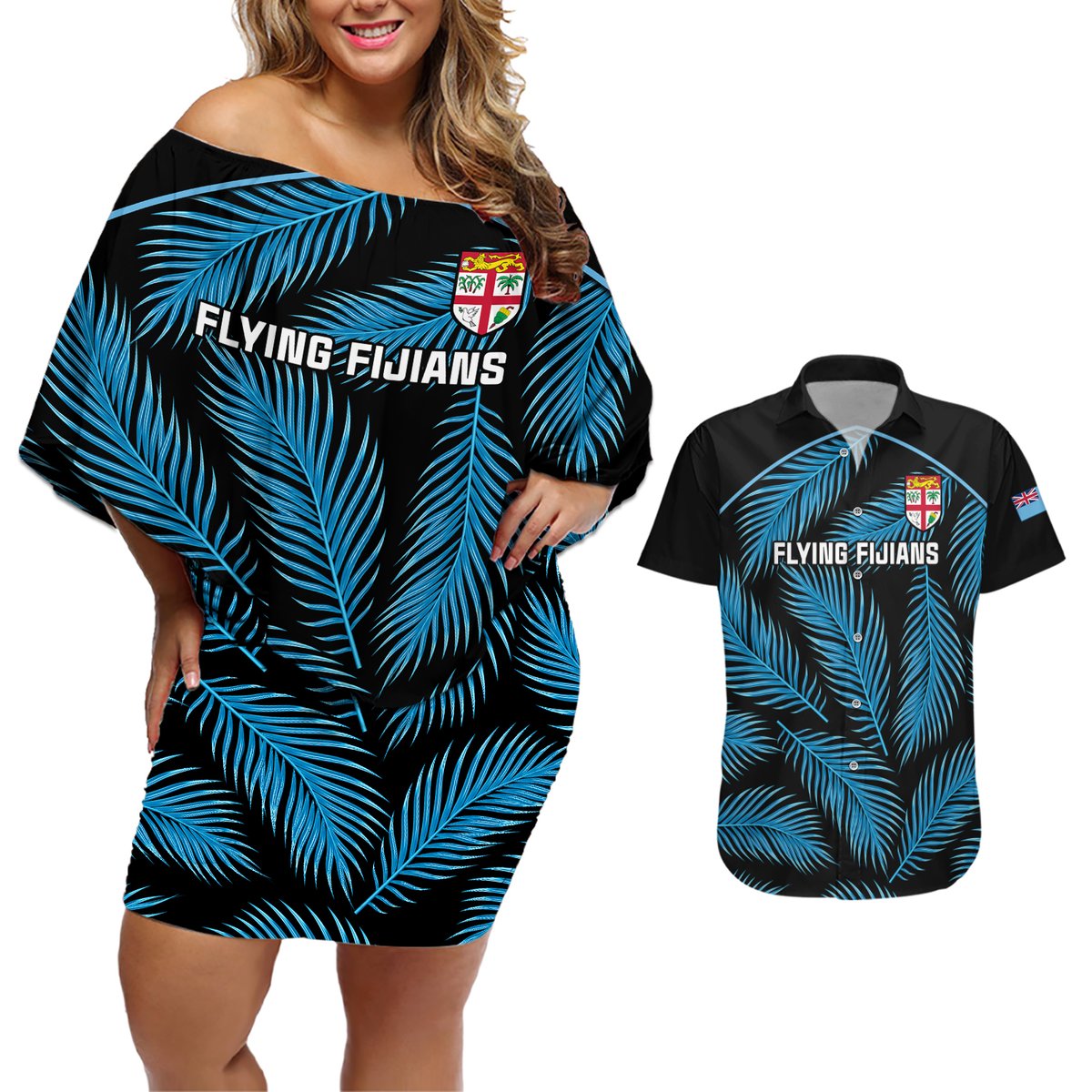 Custom Fiji Rugby Couples Matching Off Shoulder Short Dress and Hawaiian Shirt Flying Fijians Blue Palm Tree Version LT01 Black - Polynesian Pride