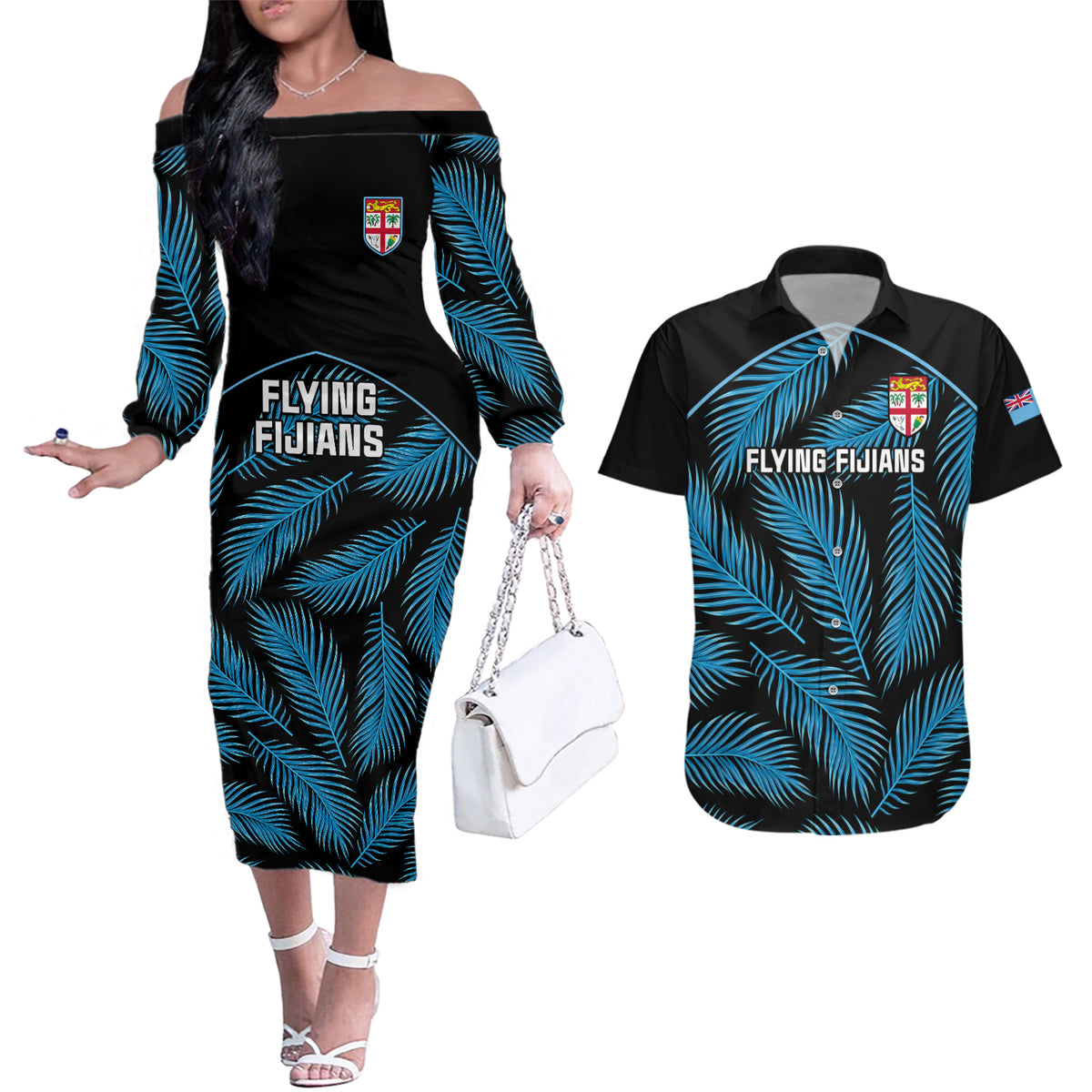 Custom Fiji Rugby Couples Matching Off The Shoulder Long Sleeve Dress and Hawaiian Shirt Flying Fijians Blue Palm Tree Version LT01 Black - Polynesian Pride