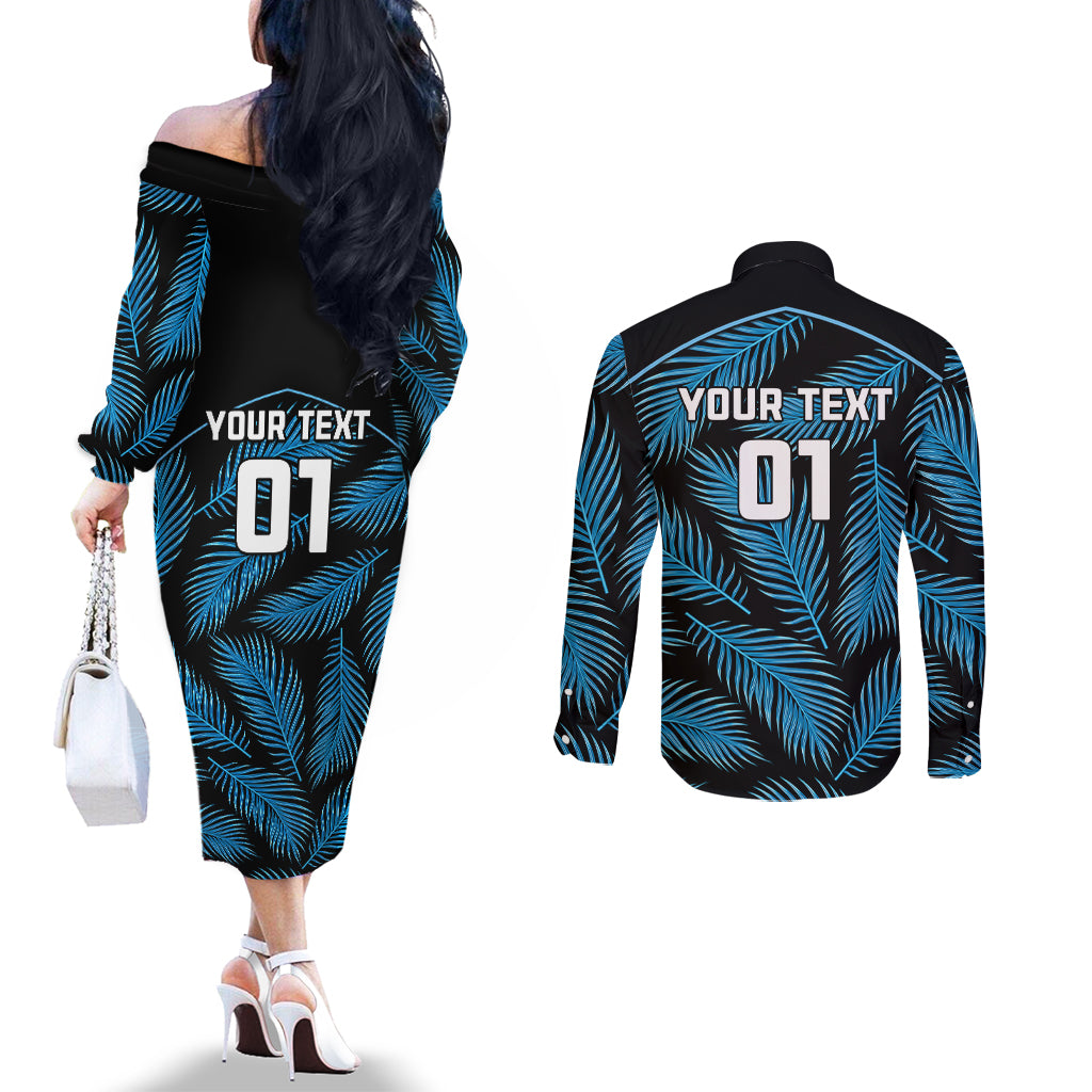Custom Fiji Rugby Couples Matching Off The Shoulder Long Sleeve Dress and Long Sleeve Button Shirts Flying Fijians Blue Palm Tree Version LT01 - Polynesian Pride
