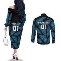 Custom Fiji Rugby Couples Matching Off The Shoulder Long Sleeve Dress and Long Sleeve Button Shirts Flying Fijians Blue Palm Tree Version LT01 - Polynesian Pride