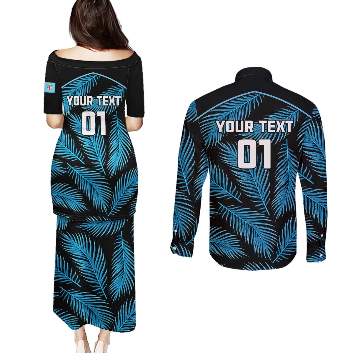 Custom Fiji Rugby Couples Matching Puletasi Dress and Long Sleeve Button Shirts Flying Fijians Blue Palm Tree Version LT01 - Polynesian Pride
