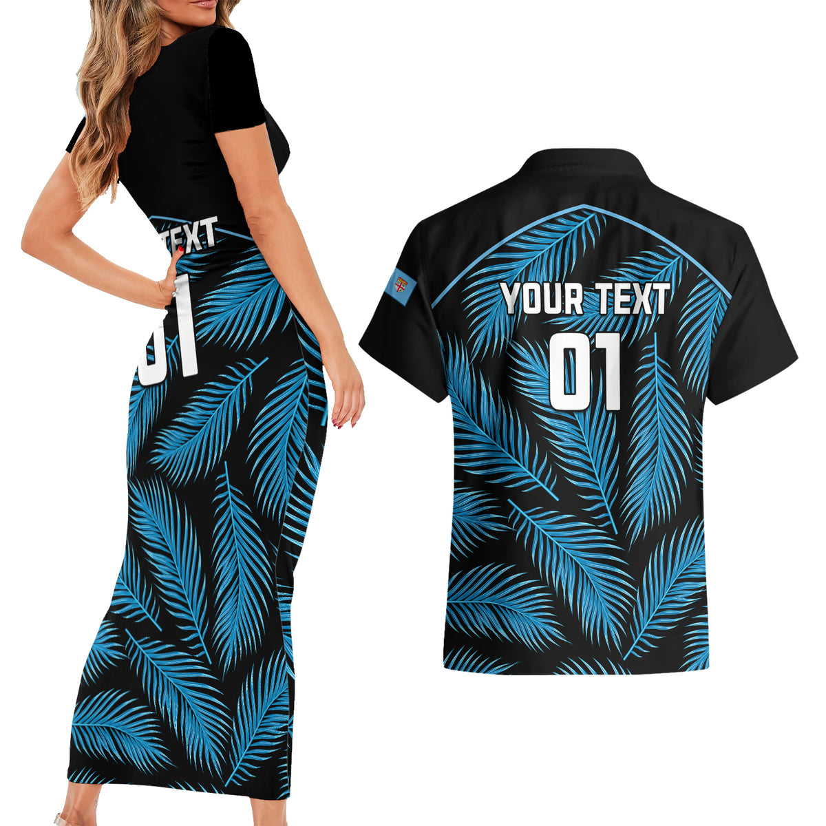 Custom Fiji Rugby Couples Matching Short Sleeve Bodycon Dress and Hawaiian Shirt Flying Fijians Blue Palm Tree Version LT01 - Polynesian Pride