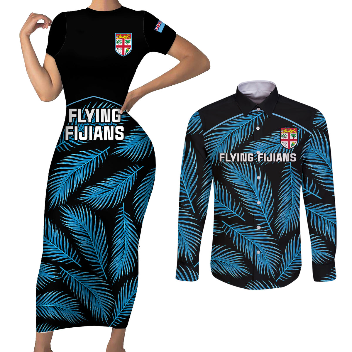 Custom Fiji Rugby Couples Matching Short Sleeve Bodycon Dress and Long Sleeve Button Shirts Flying Fijians Blue Palm Tree Version LT01 Black - Polynesian Pride