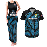 Custom Fiji Rugby Couples Matching Tank Maxi Dress and Hawaiian Shirt Flying Fijians Blue Palm Tree Version LT01 Black - Polynesian Pride
