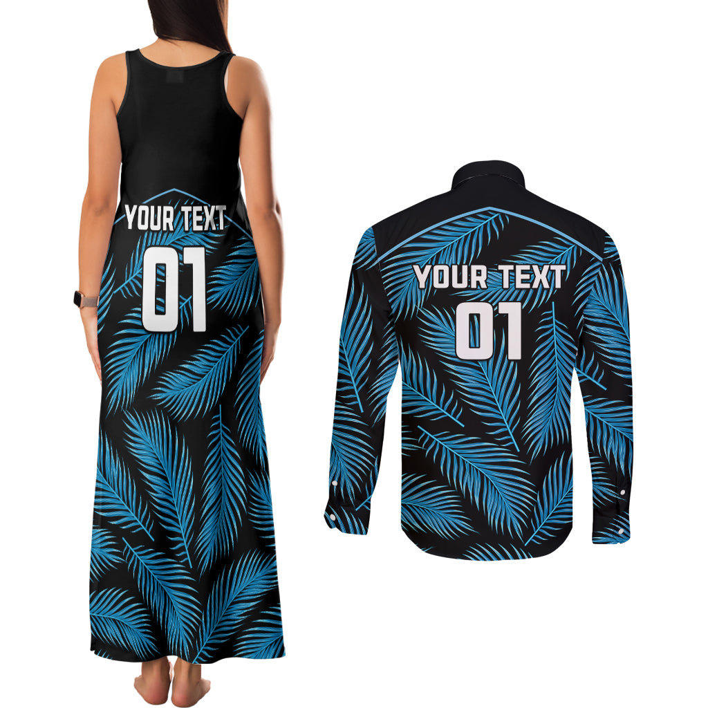 Custom Fiji Rugby Couples Matching Tank Maxi Dress and Long Sleeve Button Shirts Flying Fijians Blue Palm Tree Version LT01 - Polynesian Pride