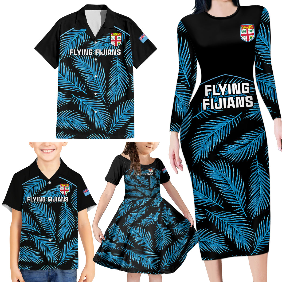 Custom Fiji Rugby Family Matching Long Sleeve Bodycon Dress and Hawaiian Shirt Flying Fijians Blue Palm Tree Version LT01 - Polynesian Pride
