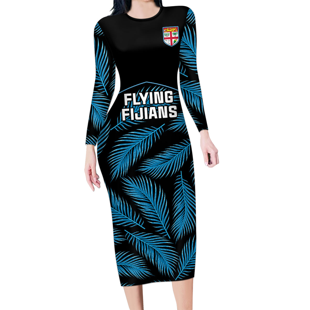 Custom Fiji Rugby Family Matching Long Sleeve Bodycon Dress and Hawaiian Shirt Flying Fijians Blue Palm Tree Version LT01 Mom's Dress Black - Polynesian Pride