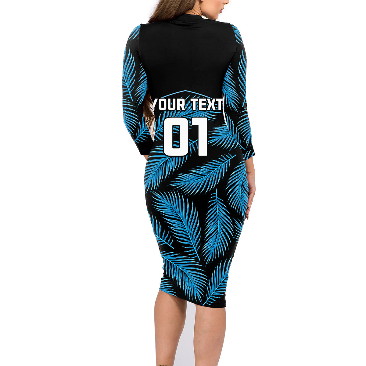 Custom Fiji Rugby Family Matching Long Sleeve Bodycon Dress and Hawaiian Shirt Flying Fijians Blue Palm Tree Version LT01 - Polynesian Pride