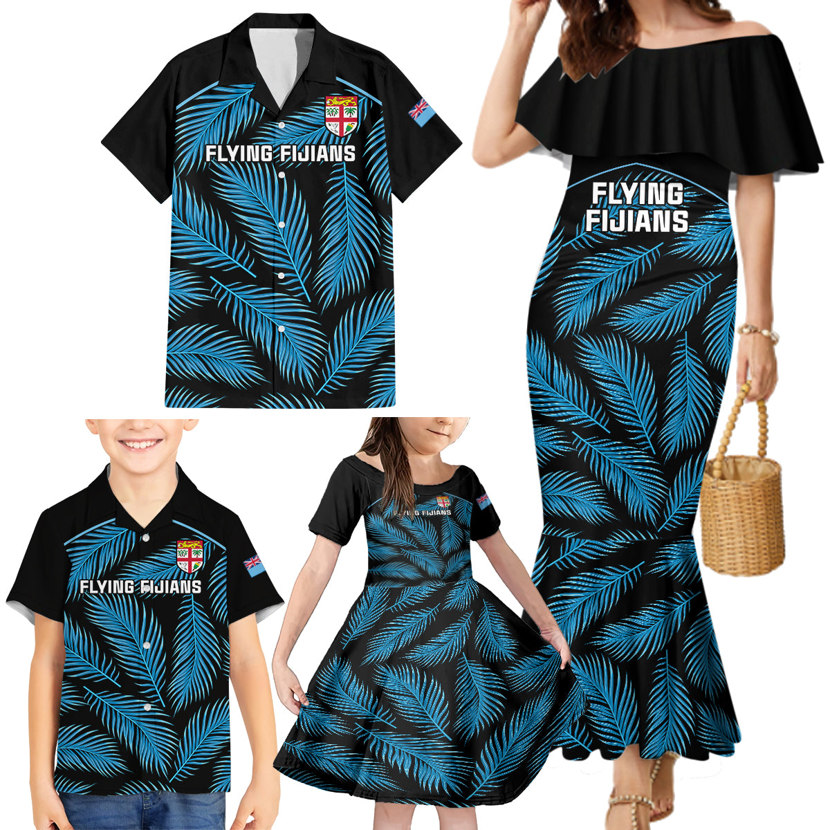 Custom Fiji Rugby Family Matching Mermaid Dress and Hawaiian Shirt Flying Fijians Blue Palm Tree Version LT01 - Polynesian Pride