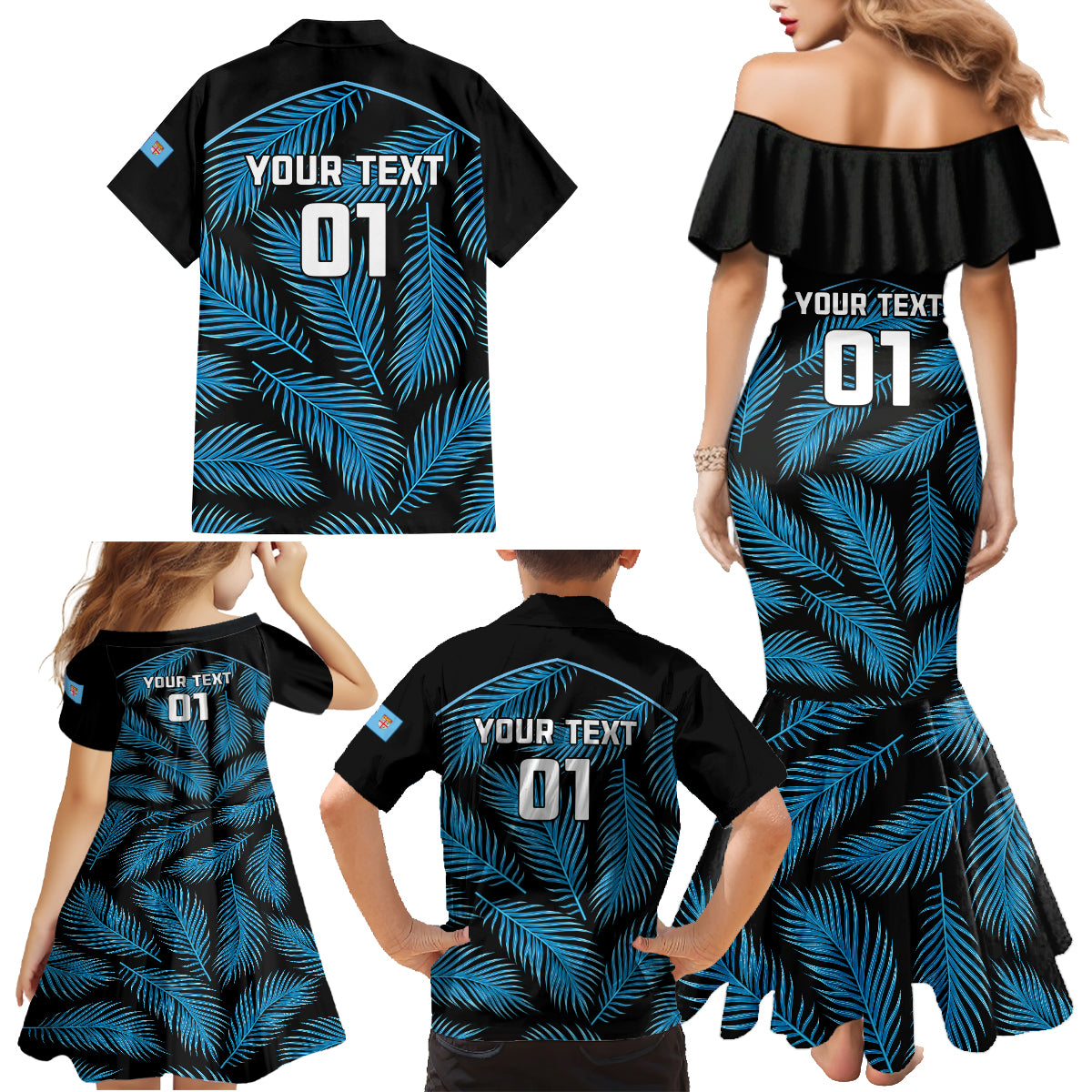 Custom Fiji Rugby Family Matching Mermaid Dress and Hawaiian Shirt Flying Fijians Blue Palm Tree Version LT01 - Polynesian Pride