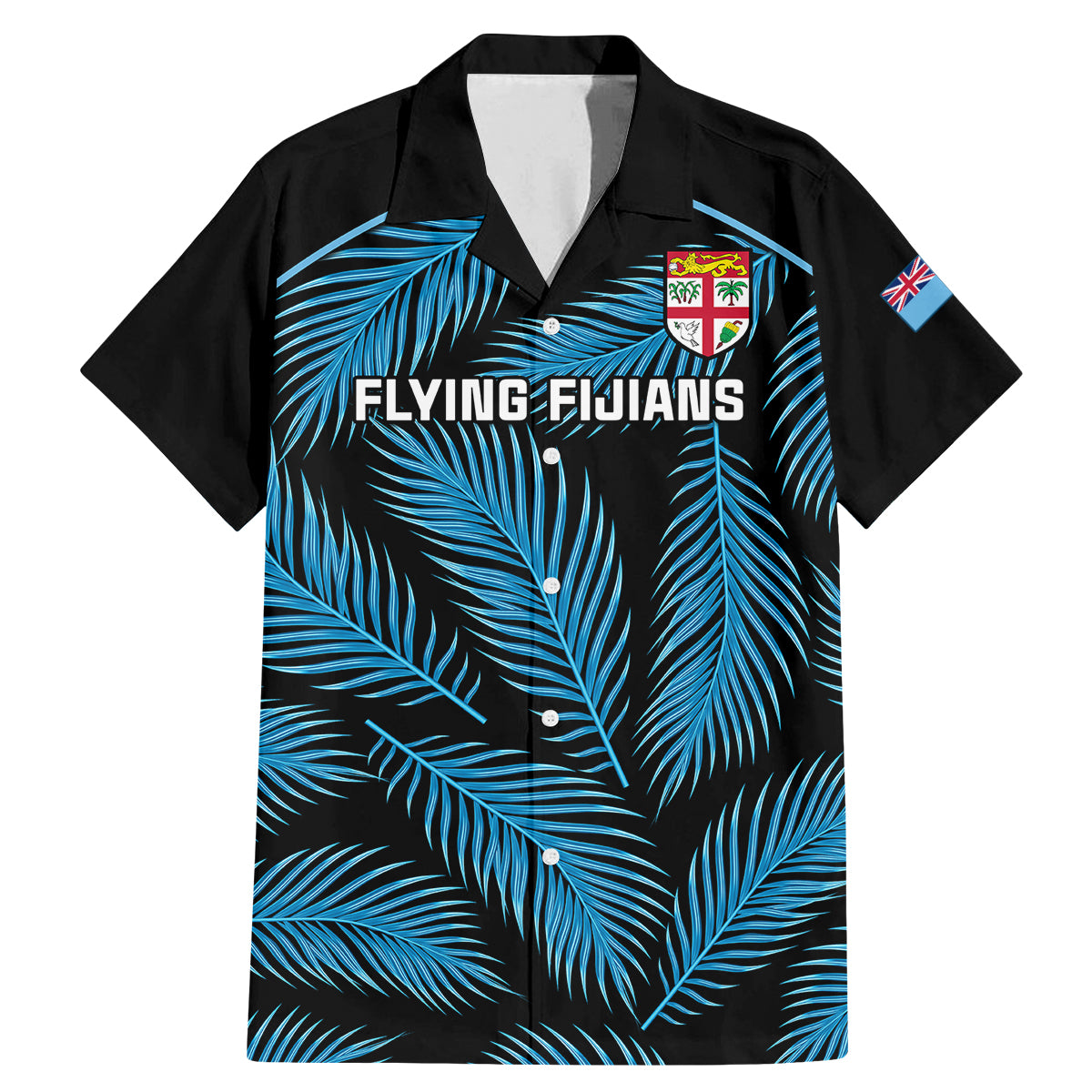 Custom Fiji Rugby Family Matching Mermaid Dress and Hawaiian Shirt Flying Fijians Blue Palm Tree Version LT01 Dad's Shirt - Short Sleeve Black - Polynesian Pride