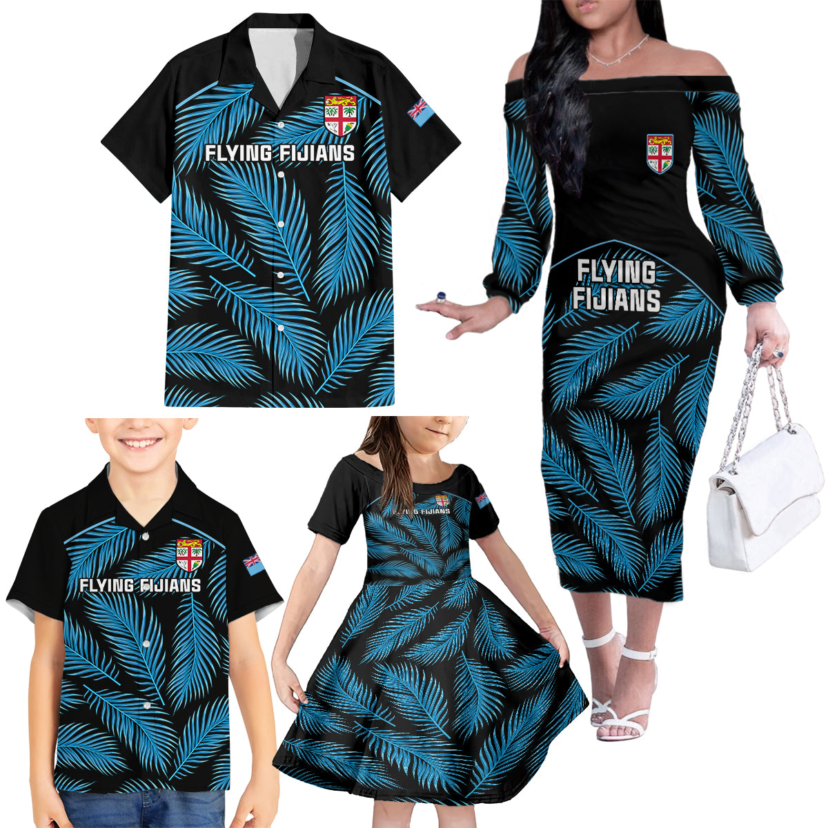 Custom Fiji Rugby Family Matching Off Shoulder Long Sleeve Dress and Hawaiian Shirt Flying Fijians Blue Palm Tree Version LT01 - Polynesian Pride