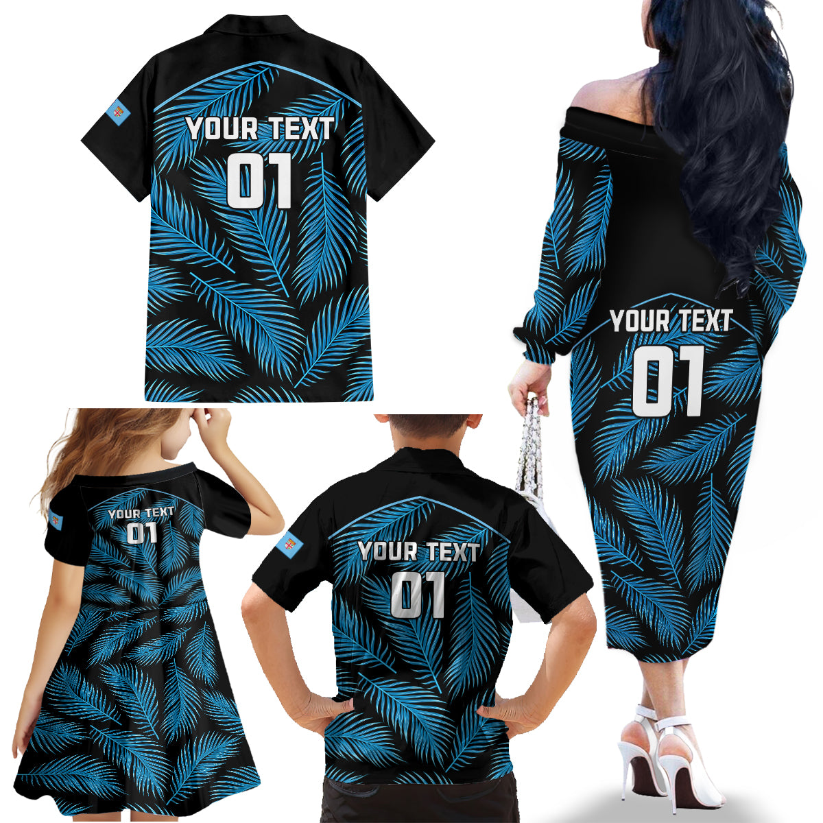 Custom Fiji Rugby Family Matching Off Shoulder Long Sleeve Dress and Hawaiian Shirt Flying Fijians Blue Palm Tree Version LT01 - Polynesian Pride