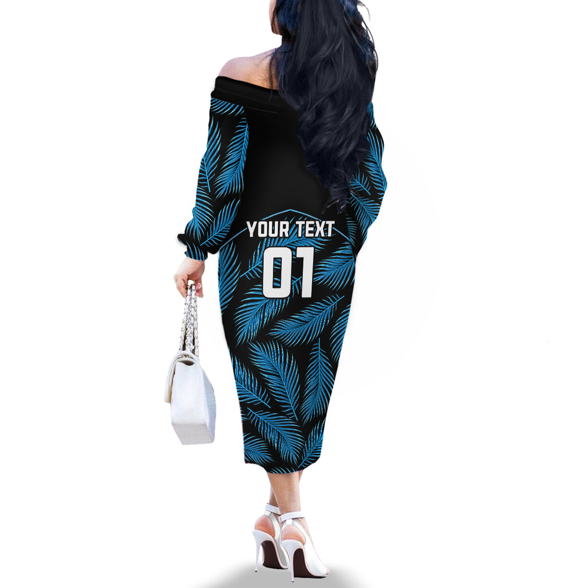 Custom Fiji Rugby Family Matching Off Shoulder Long Sleeve Dress and Hawaiian Shirt Flying Fijians Blue Palm Tree Version LT01 - Polynesian Pride