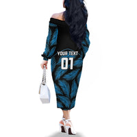 Custom Fiji Rugby Family Matching Off Shoulder Long Sleeve Dress and Hawaiian Shirt Flying Fijians Blue Palm Tree Version LT01 - Polynesian Pride