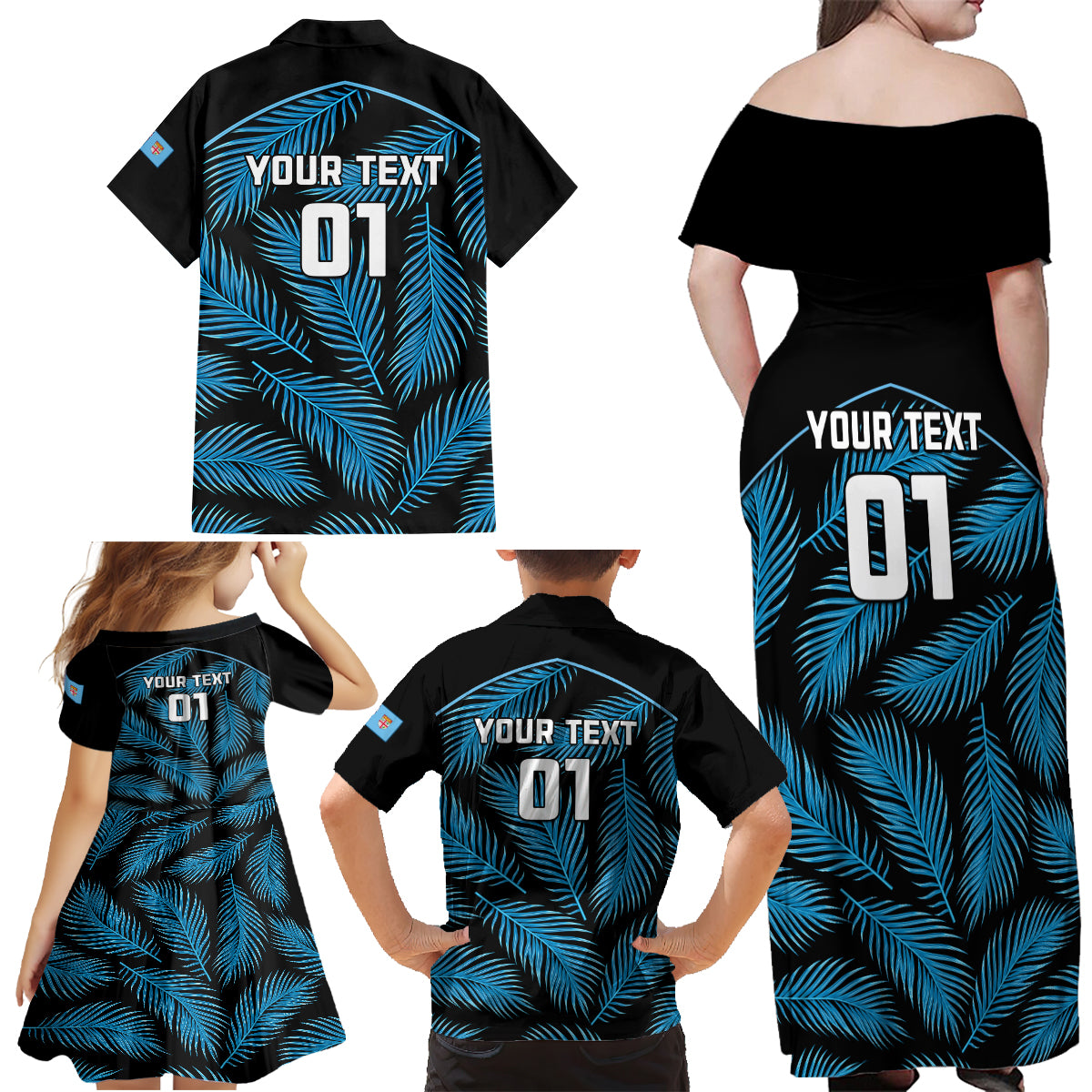 Custom Fiji Rugby Family Matching Off Shoulder Maxi Dress and Hawaiian Shirt Flying Fijians Blue Palm Tree Version LT01 - Polynesian Pride