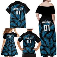 Custom Fiji Rugby Family Matching Off Shoulder Maxi Dress and Hawaiian Shirt Flying Fijians Blue Palm Tree Version LT01 - Polynesian Pride