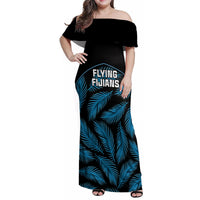 Custom Fiji Rugby Family Matching Off Shoulder Maxi Dress and Hawaiian Shirt Flying Fijians Blue Palm Tree Version LT01 Mom's Dress Black - Polynesian Pride