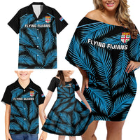 Custom Fiji Rugby Family Matching Off Shoulder Short Dress and Hawaiian Shirt Flying Fijians Blue Palm Tree Version LT01 - Polynesian Pride