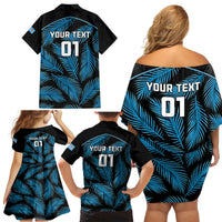 Custom Fiji Rugby Family Matching Off Shoulder Short Dress and Hawaiian Shirt Flying Fijians Blue Palm Tree Version LT01 - Polynesian Pride
