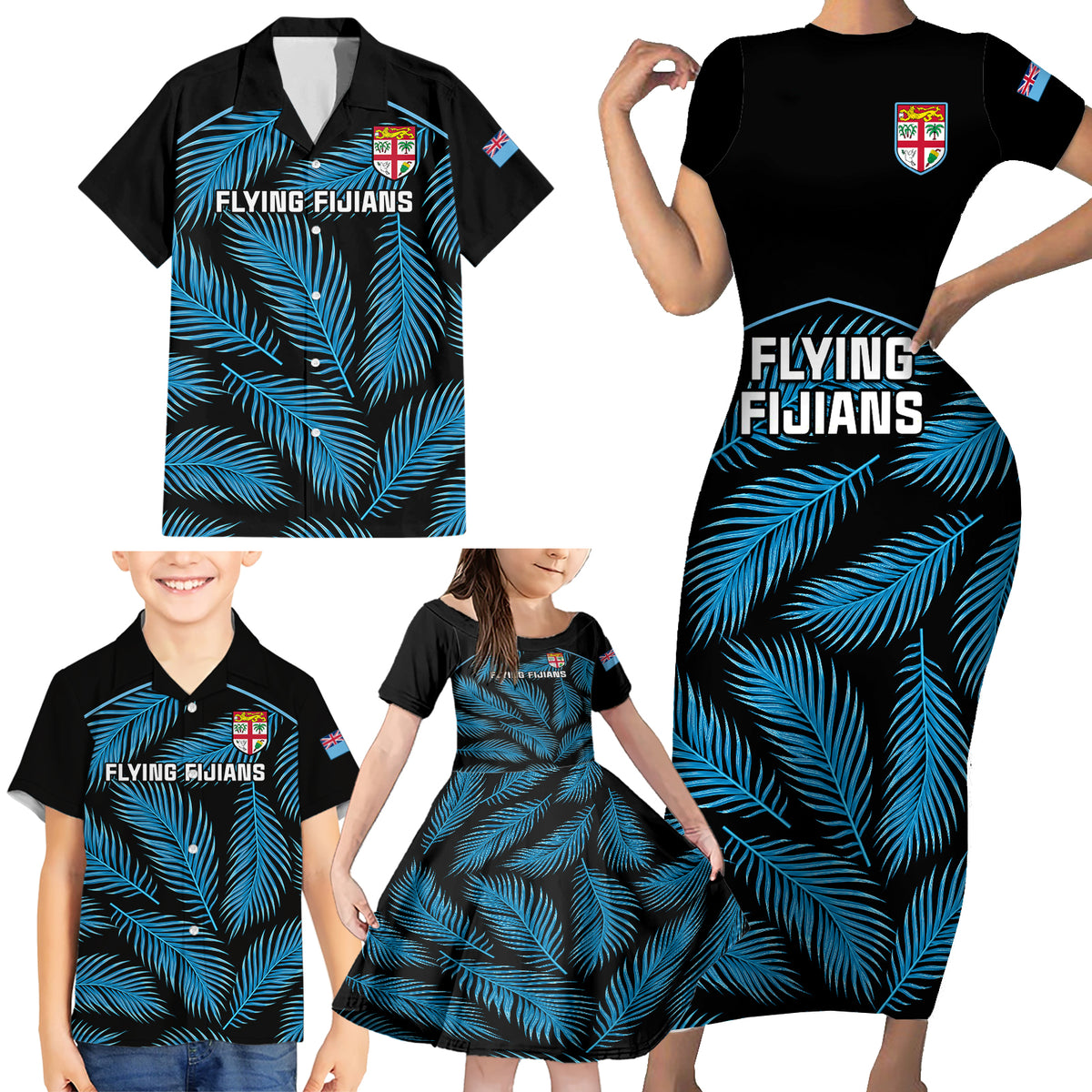 Custom Fiji Rugby Family Matching Short Sleeve Bodycon Dress and Hawaiian Shirt Flying Fijians Blue Palm Tree Version LT01 - Polynesian Pride
