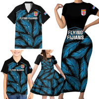 Custom Fiji Rugby Family Matching Short Sleeve Bodycon Dress and Hawaiian Shirt Flying Fijians Blue Palm Tree Version LT01 - Polynesian Pride