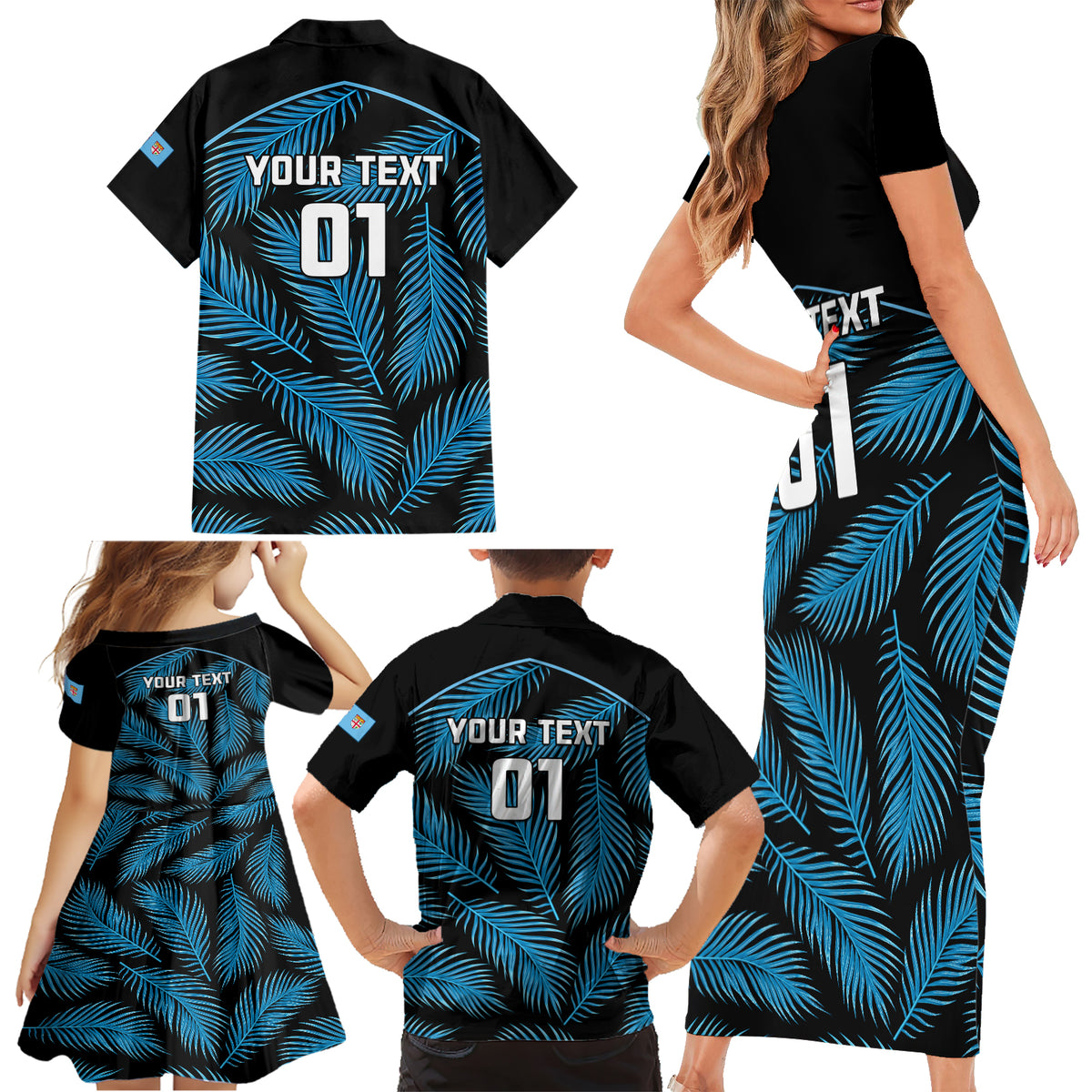 Custom Fiji Rugby Family Matching Short Sleeve Bodycon Dress and Hawaiian Shirt Flying Fijians Blue Palm Tree Version LT01 - Polynesian Pride