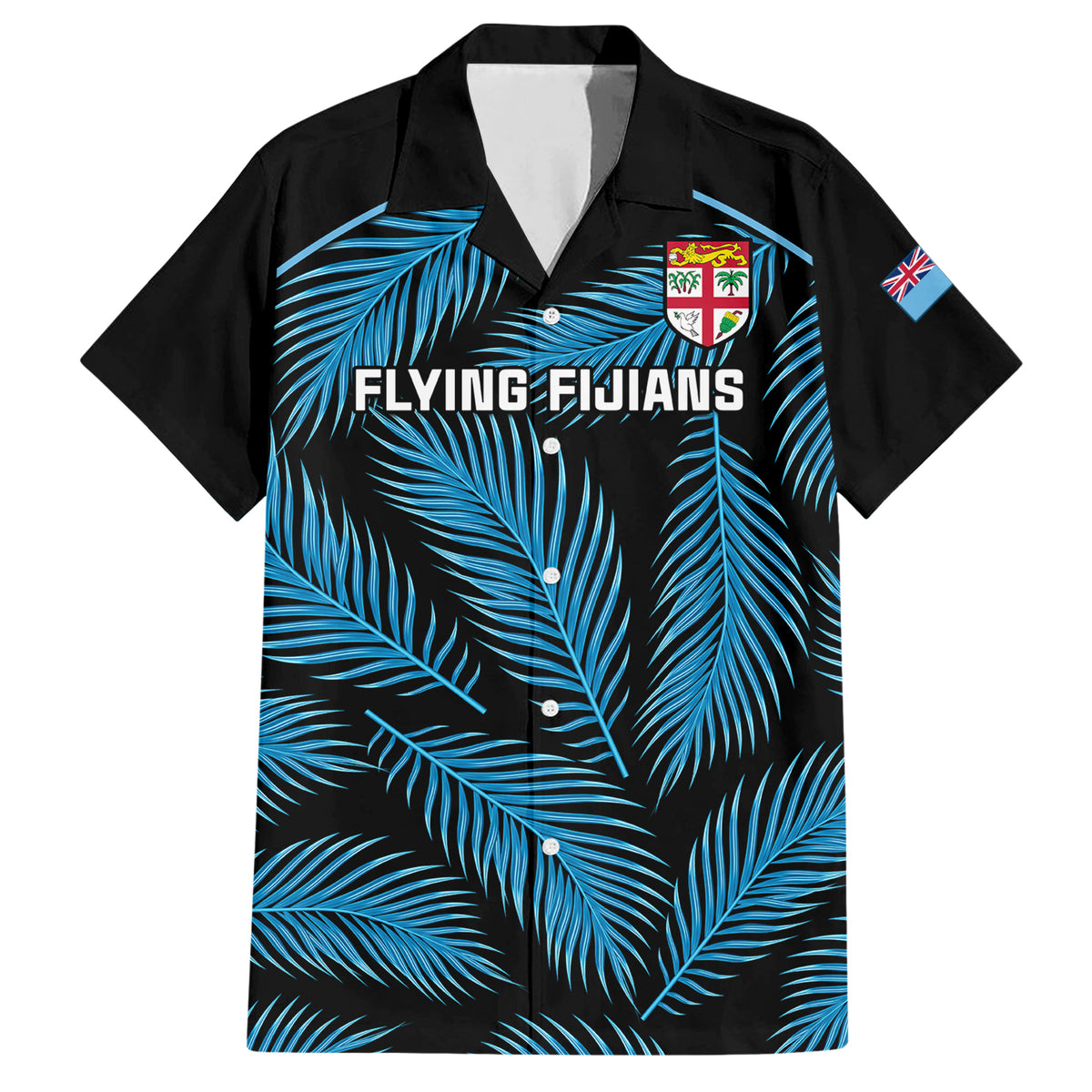 Custom Fiji Rugby Family Matching Short Sleeve Bodycon Dress and Hawaiian Shirt Flying Fijians Blue Palm Tree Version LT01 Dad's Shirt - Short Sleeve Black - Polynesian Pride