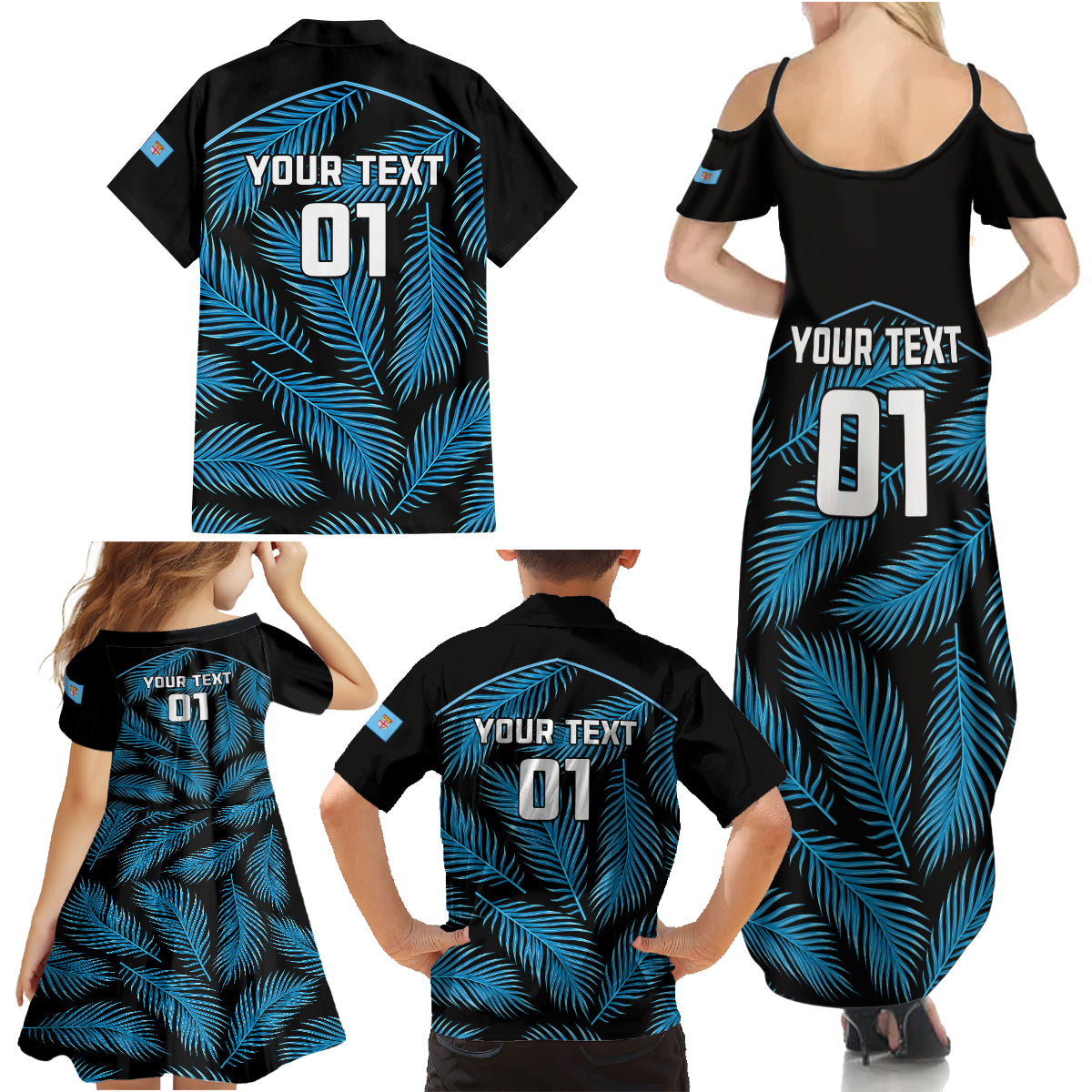 Custom Fiji Rugby Family Matching Summer Maxi Dress and Hawaiian Shirt Flying Fijians Blue Palm Tree Version LT01 - Polynesian Pride
