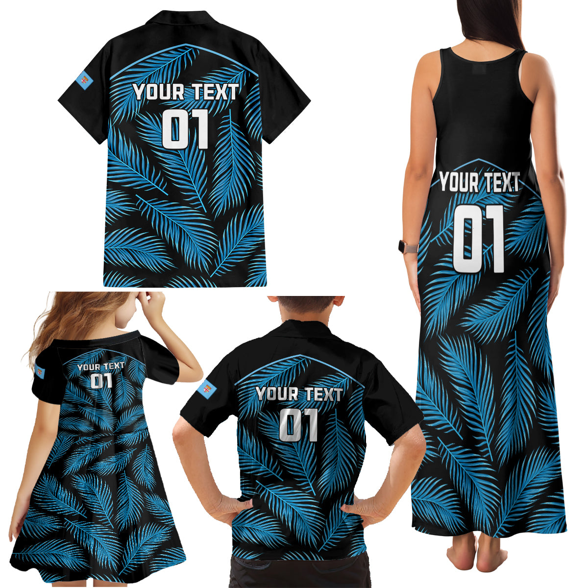 Custom Fiji Rugby Family Matching Tank Maxi Dress and Hawaiian Shirt Flying Fijians Blue Palm Tree Version LT01 - Polynesian Pride