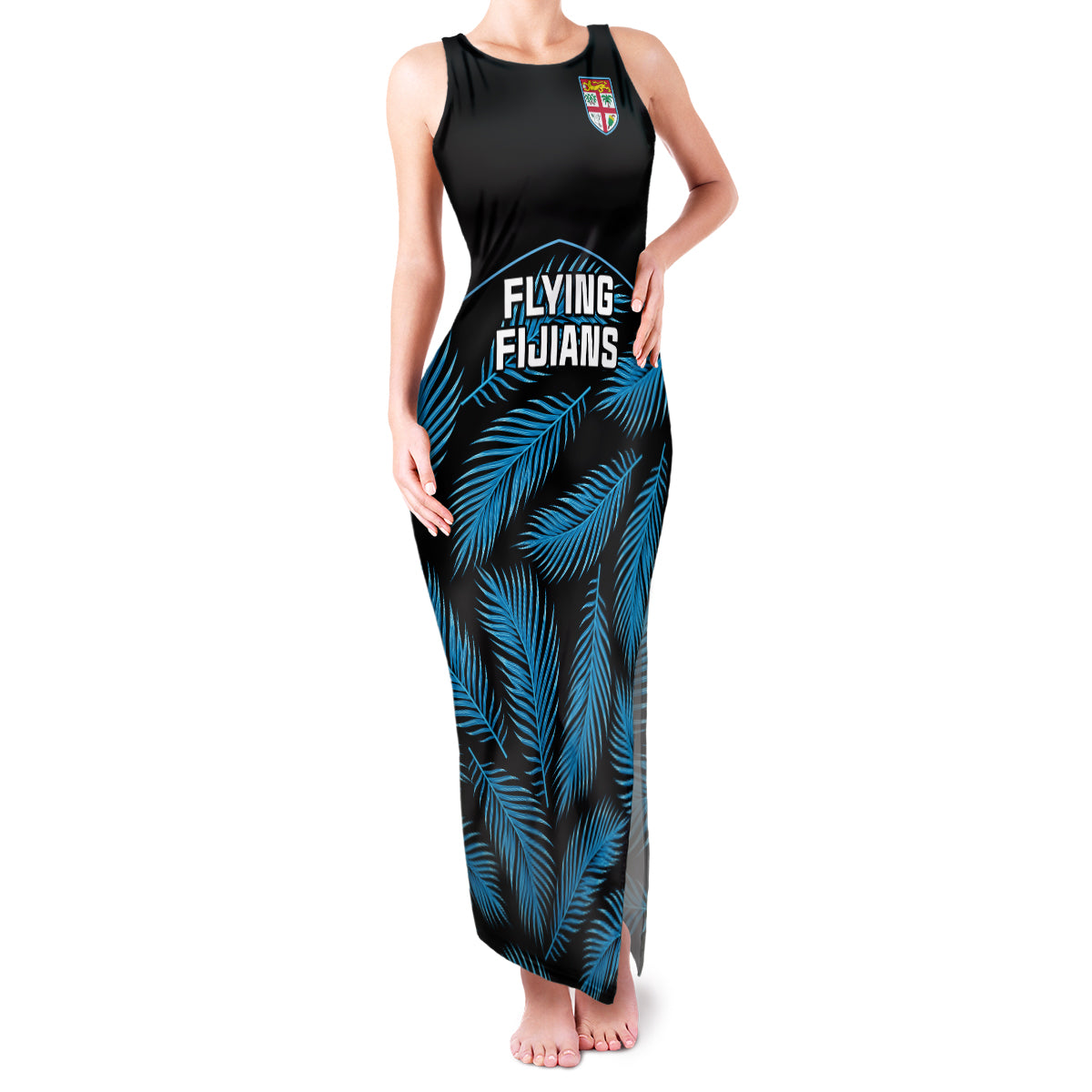 Custom Fiji Rugby Family Matching Tank Maxi Dress and Hawaiian Shirt Flying Fijians Blue Palm Tree Version LT01 Mom's Dress Black - Polynesian Pride