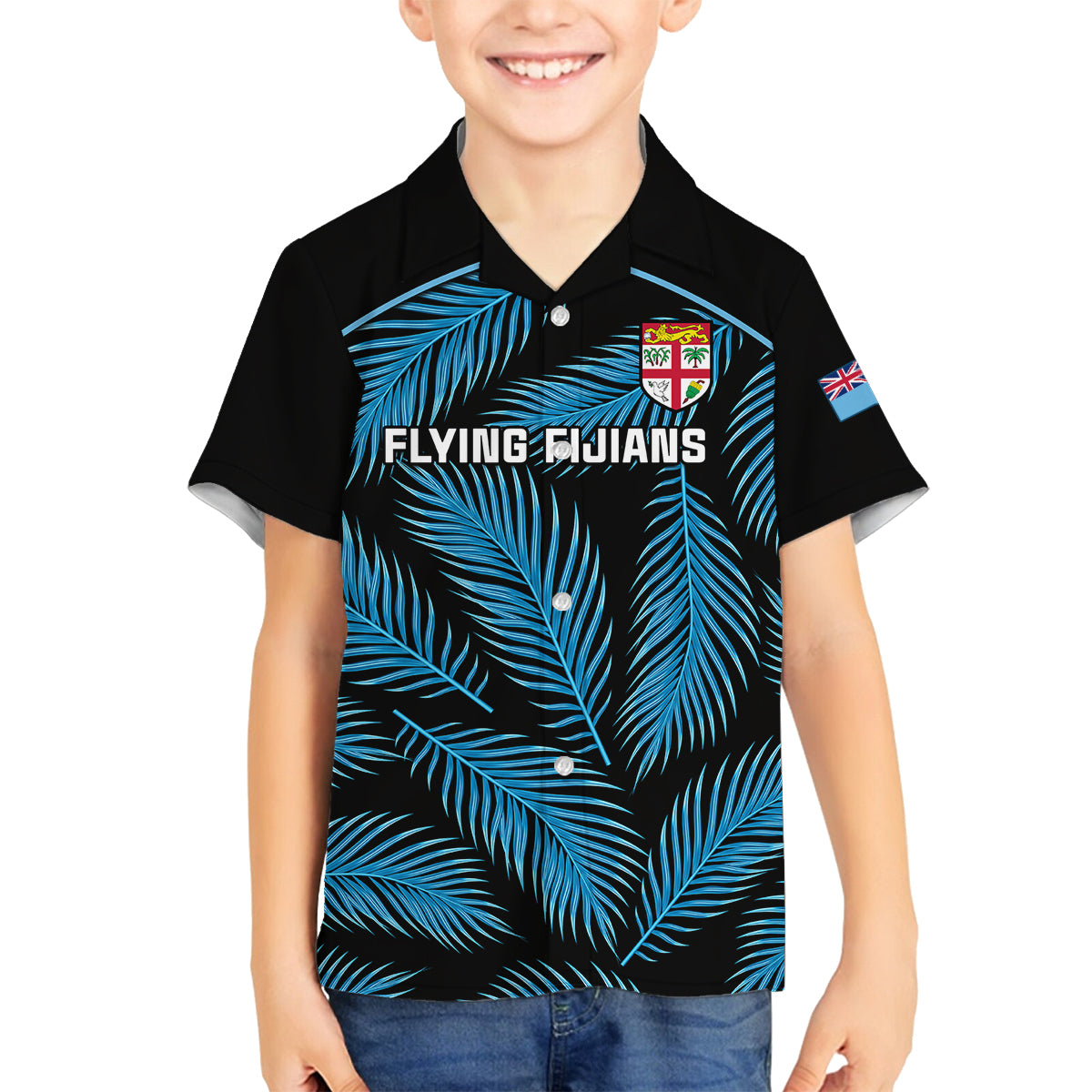 Custom Fiji Rugby Family Matching Tank Maxi Dress and Hawaiian Shirt Flying Fijians Blue Palm Tree Version LT01 Son's Shirt Black - Polynesian Pride