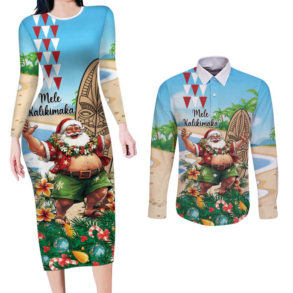 Hawaii Christmas Santa Claus Couples Matching Long Sleeve Bodycon Dress and Long Sleeve Button Shirt Mele Kalikimaka Tropical Beach