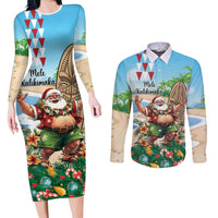 Hawaii Christmas Santa Claus Couples Matching Long Sleeve Bodycon Dress and Long Sleeve Button Shirt Mele Kalikimaka Tropical Beach